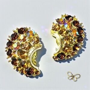 Signed Lisner Vintage Aurora Borealis Clip-On Earrings – Half Moon Cluster